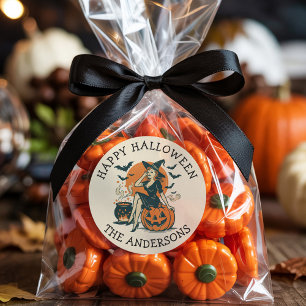 Aangepaste Halloween Witch op Pumpkin Bats Ronde Sticker