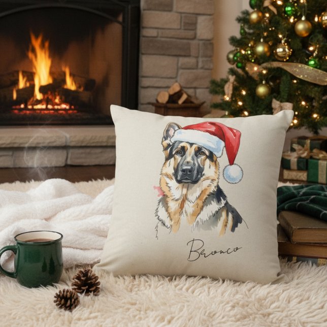 Aangepaste Hand Getrokken Kerst Duitse Herdershond Kussen (Add a special touch to your home with this custom pet portrait throw pillow! )