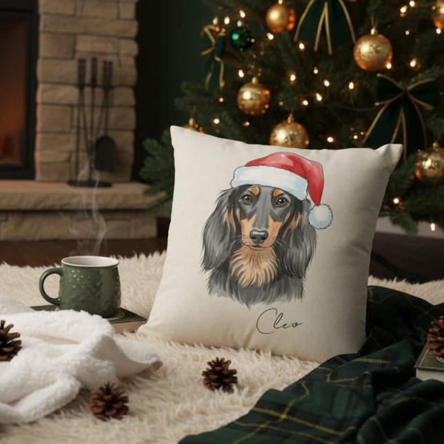 Aangepaste Hand Getrokken Kerst Teckel Portret Kussen (Add a special touch to your home with this custom pet portrait throw pillow! )