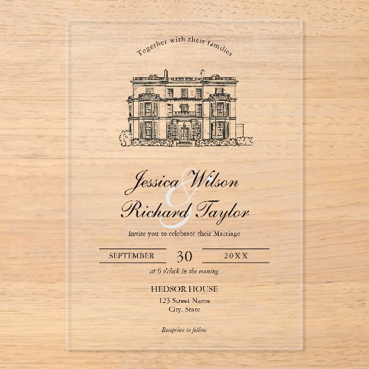 Aangepaste Hand getrokken Locatie Manor Illustrati Acryl Uitnodigingen (Voorkant)