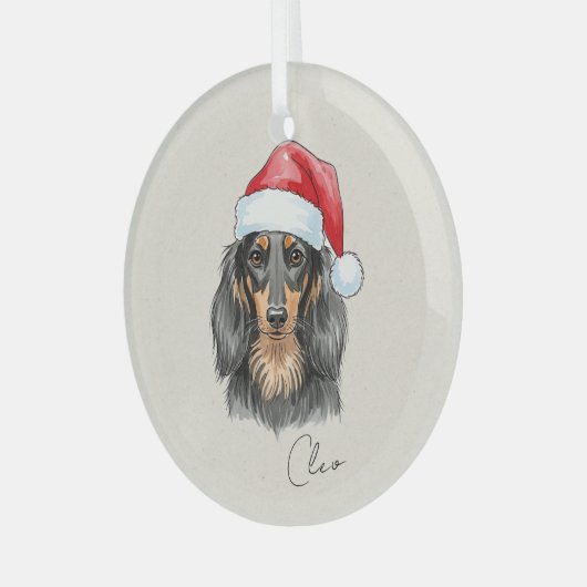 Aangepaste Hand Getrokken Teckel Portret en Naam Glas Ornament (Voorkant links)