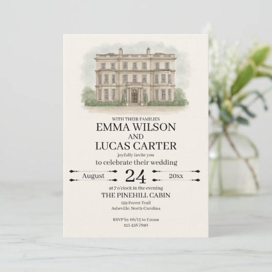 Aangepaste Hand getrokken Venue Illustratie Huweli Kaart (Staand voorkant)