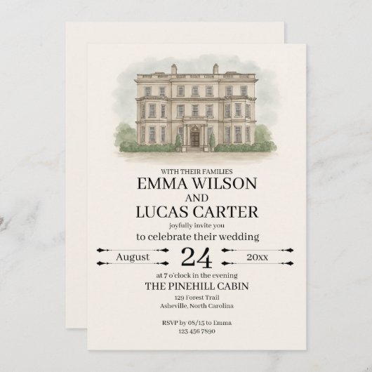 Aangepaste Hand getrokken Venue Illustratie Huweli Kaart (Voorkant / Achterkant)