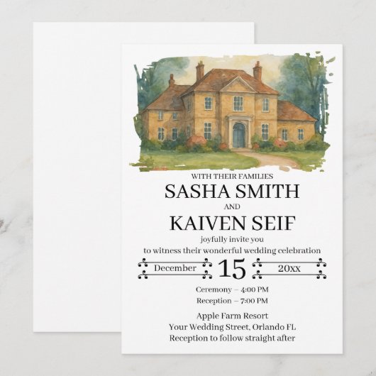 Aangepaste Hand getrokken Venue Illustratie Huweli Kaart (Voorkant / Achterkant)