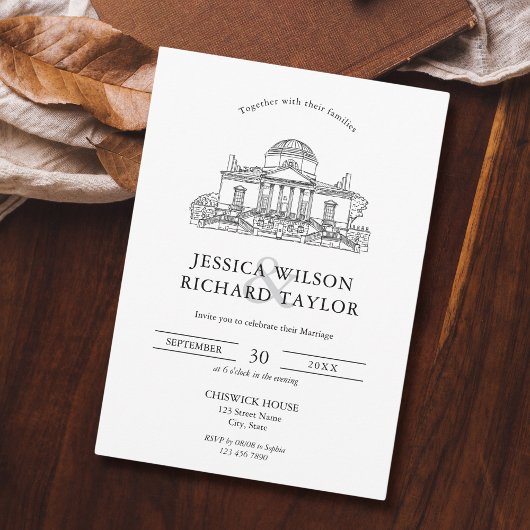 Aangepaste Hand getrokken Venue Illustratie Trouwe Kaart