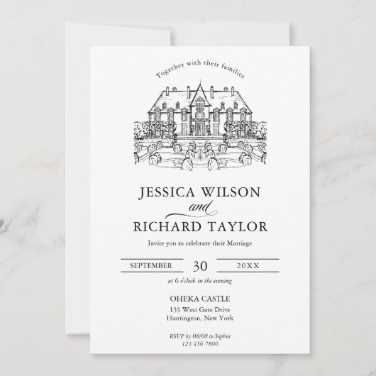 Aangepaste Hand getrokken Venue Illustratie Trouwe Kaart (Voorkant)