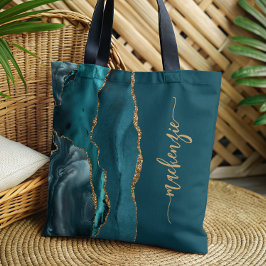Aangepaste handtekening Blauwgroen blauw Gold Agat Tote Bag