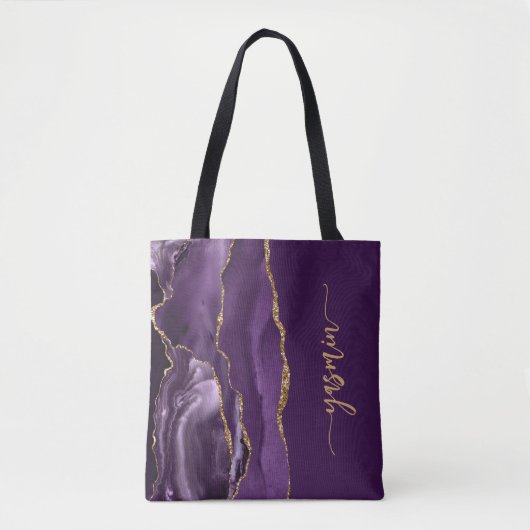 Aangepaste handtekening Paars Gold Agate Tote Bag (Voorkant)
