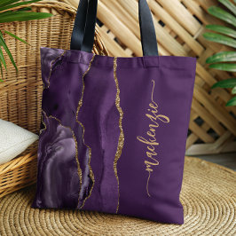 Aangepaste handtekening Paars Gold Agate Tote Bag