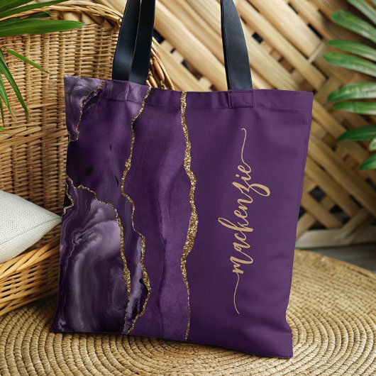Aangepaste handtekening Paars Gold Agate Tote Bag
