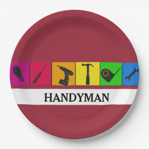 Aangepaste handyman met gekleurde reparatietools papieren bordje