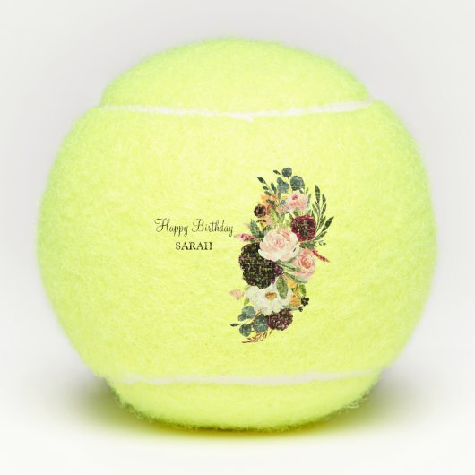 Aangepaste Happy Birthday Naam Floral Tennisballen (Voorkant)