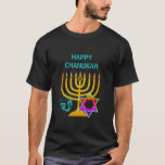 Aangepaste HAPPY CHANUKAH T-Shirt<br><div class="desc">Elegant,  stijlvol HANUKKAH T-shirt,  ontworpen met faux gold menorah,  kleurrijke ster van David en zilver,  plus  GREETING,  zodat je je eigen groet kunt creëer. Ideaal voor het Hanukkah-seizoen. Kies uit een breed gedeelte van Hanukkah-kleding en geschenken,  ontworpen door Berean-Design.</div>