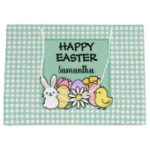Aangepaste Happy Pasen Konijn Kuiken Groen Gingham Groot Cadeauzakje (Voorkant)