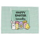 Aangepaste Happy Pasen Konijn Kuiken Groen Gingham Groot Cadeauzakje (Achterkant)