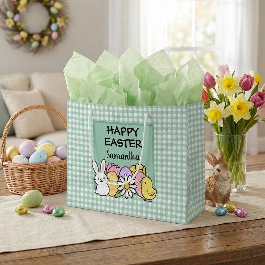 Aangepaste Happy Pasen Konijn Kuiken Groen Gingham Groot Cadeauzakje