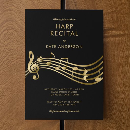 Aangepaste Harp Recital Gouden Muzieknoten Zwart Kaart
