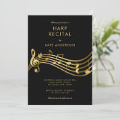Aangepaste Harp Recital Gouden Muzieknoten Zwart Kaart (Staand voorkant)