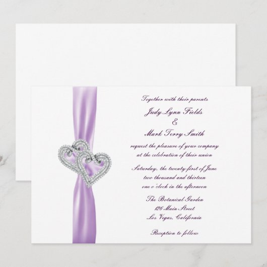 Aangepaste harten lavendel lint bruiloft uitnodigi kaart (Voorkant / Achterkant)