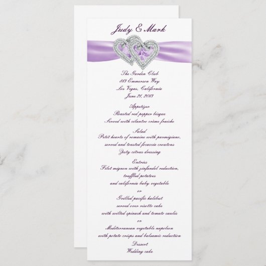 Aangepaste harten lavendel lint Menu Kaart (Voorkant / Achterkant)