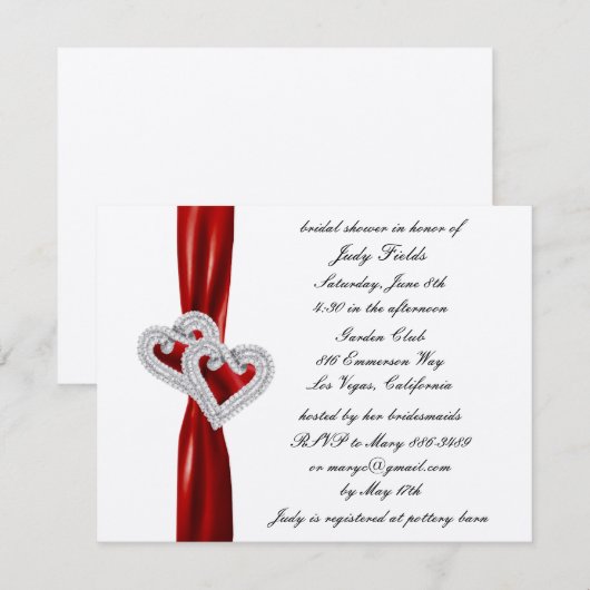 Aangepaste harten rood lint bruids douche uitnodig kaart (Voorkant / Achterkant)