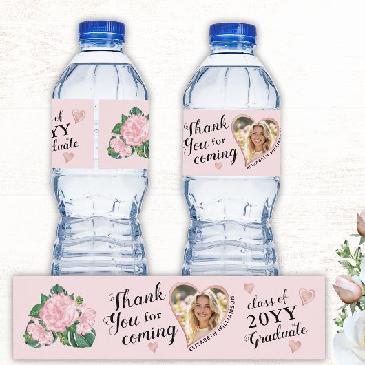 Aangepaste hartvorm foto roze afstudeer bedankt waterfles etiket