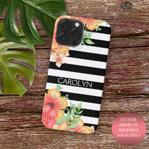 Aangepaste Hawaiaanse Bloemen Zwart Wit Strepen Pa iPhone 16 Pro Max Hoesje