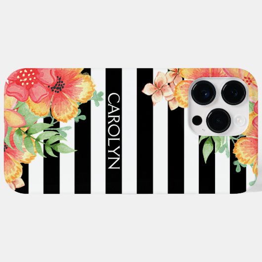 Aangepaste Hawaii bloemen zwart witte strepen patr Case-Mate iPhone Case (Achterkant (horizontaal))