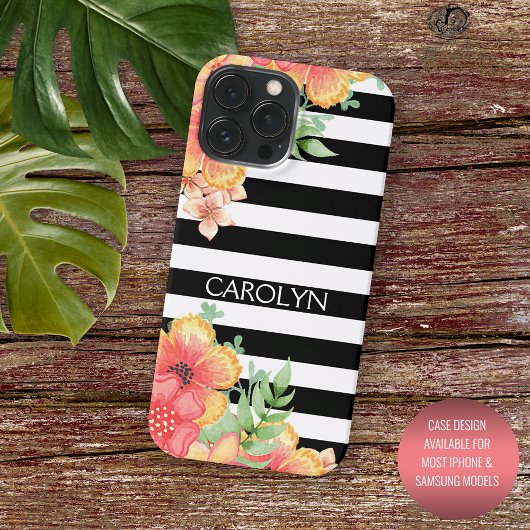 Aangepaste Hawaii bloemen zwart witte strepen patr iPhone Hoesje