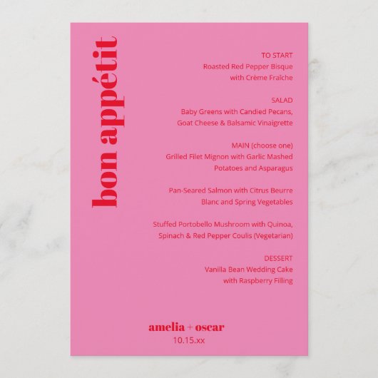Aangepaste heldere roze en rode moderne trouw menu (Voorkant)