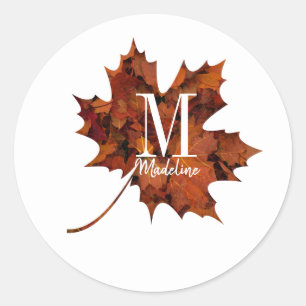 Aangepaste Herfst van Floral Monogram Maple Leaf Ronde Sticker
