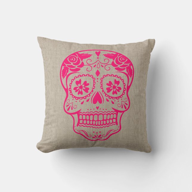 Aangepaste hipster Sugar Skull Neon Pink Kussen (Voorkant)
