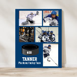 Aangepaste Hockey Photo Collage Team Name Jouw tek Poster<br><div class="desc">Deze hockeycollage kenmerkt uw 5 foto's en de naam van uw speler of team en voegt ook een aantal toe. Verander de achtergrondkleur om de kleuren van uw team aan te passen. Een geweldige manier om het seizoen te vieren en het harde werk van je speler. Maakt ook een weloverwogen...</div>