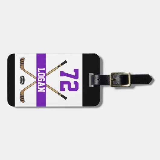 Aangepaste Hockey Player Name Number Paars Bagagelabel (Voorkant horizontaal)