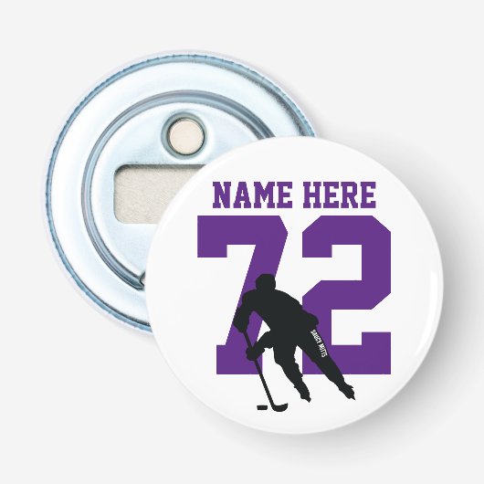 Aangepaste Hockey Player Name Number Paars Button Flesopener (Voorkant)