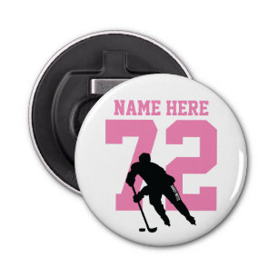 Aangepaste hockey Player Name Number Roze Button Flesopener