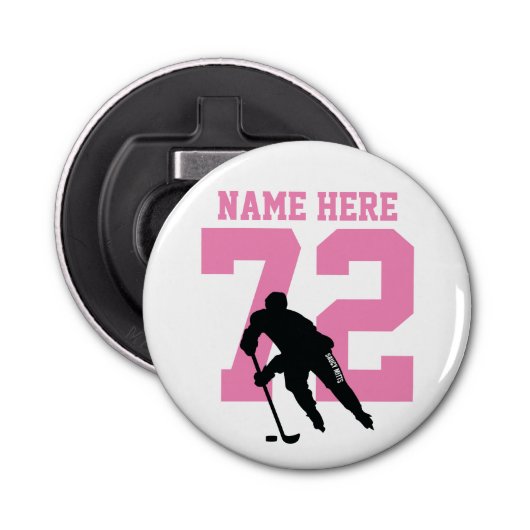 Aangepaste hockey Player Name Number Roze Button Flesopener (Voorkant)