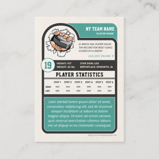 Aangepaste Hockey Trading Kaart,  speler Kaart Contactkaartje (Achterkant)