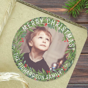 Aangepaste Holly krans familie foto Kerstmis Ronde Sticker