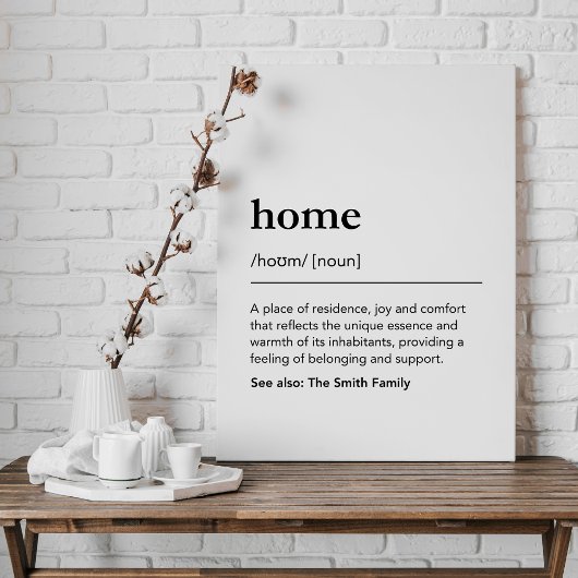 Aangepaste home definitie familienaam zwart-wit canvas afdruk