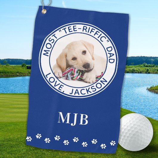 Aangepaste hond Beste Papa Ooit Golfer Blauw Foto Golfhanddoek