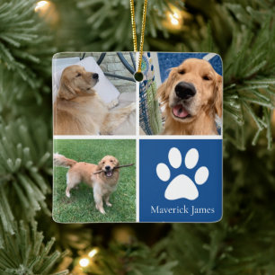 Aangepaste hond Foto Collage Cute Blue Pet Kerstmi Keramisch Ornament