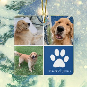 Aangepaste hond Foto Collage Cute Blue Pet Kerstmi Keramisch Ornament