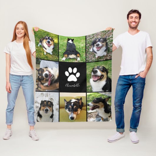 Aangepaste hond Foto Collage Pet Paw Print Black Fleece Deken (In situ)