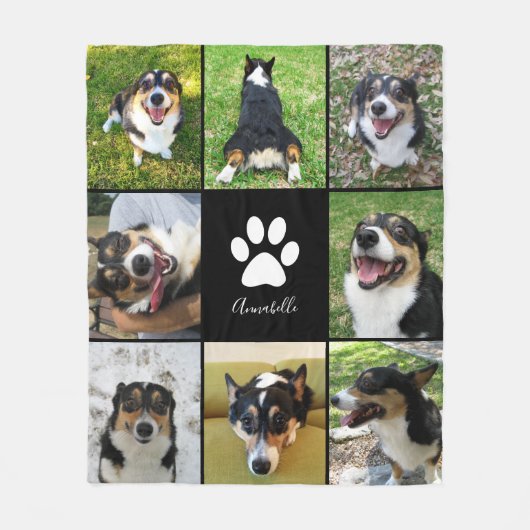 Aangepaste hond Foto Collage Pet Paw Print Black Fleece Deken (Voorkant)