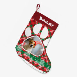 Aangepaste hond Foto & Name, Dog Paw Green Red Tar Kleine Kerstsok