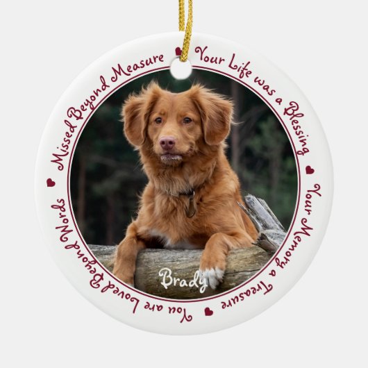 Aangepaste hond Foto Red Pet Memorial Keramisch Ornament (Voorkant)