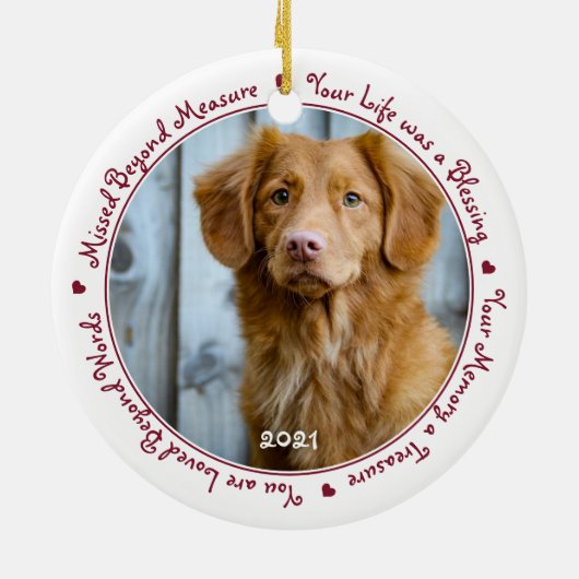 Aangepaste hond Foto Red Pet Memorial Keramisch Ornament (Achterkant)