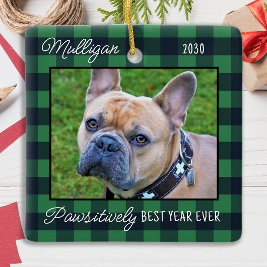 Aangepaste hond Kerstmis Groen Plaid 2 Pet Foto Keramisch Ornament