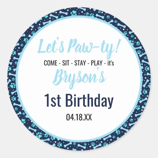 Aangepaste Hond Verjaardag Blauwe Poot Print Puppy Ronde Sticker (Voorkant)